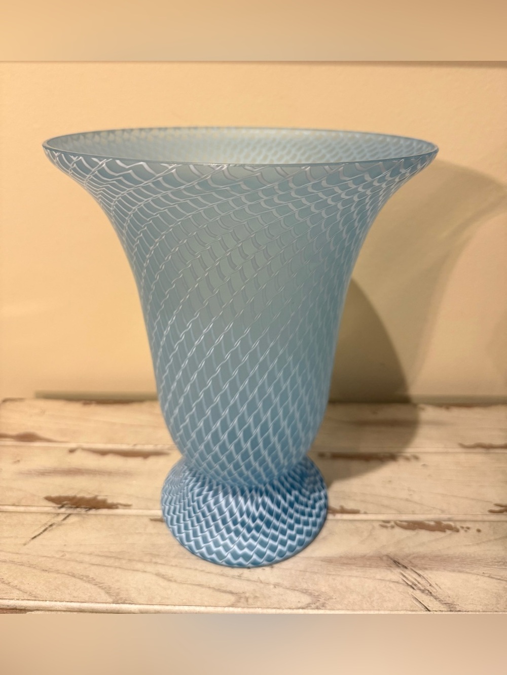 VTG Murano Zanfirico Latticino Art Glass Trumpet Vase - Blue & White 10.5"